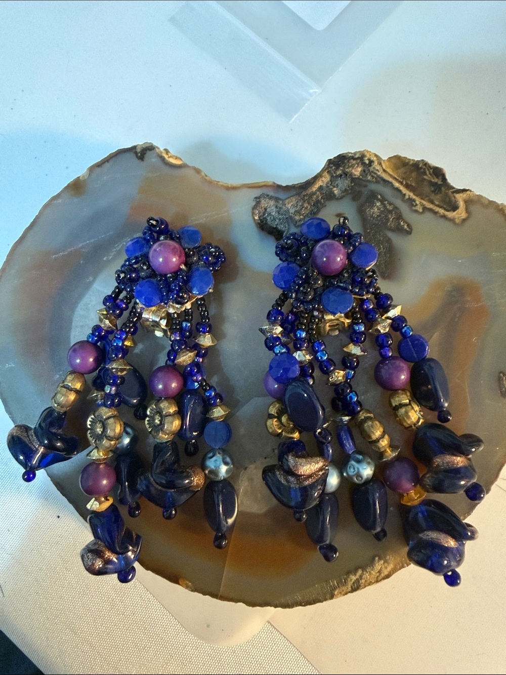 Colleen Toland Multi-Bead Dangle clip on Earrings in deep blue, gold & purple 3”